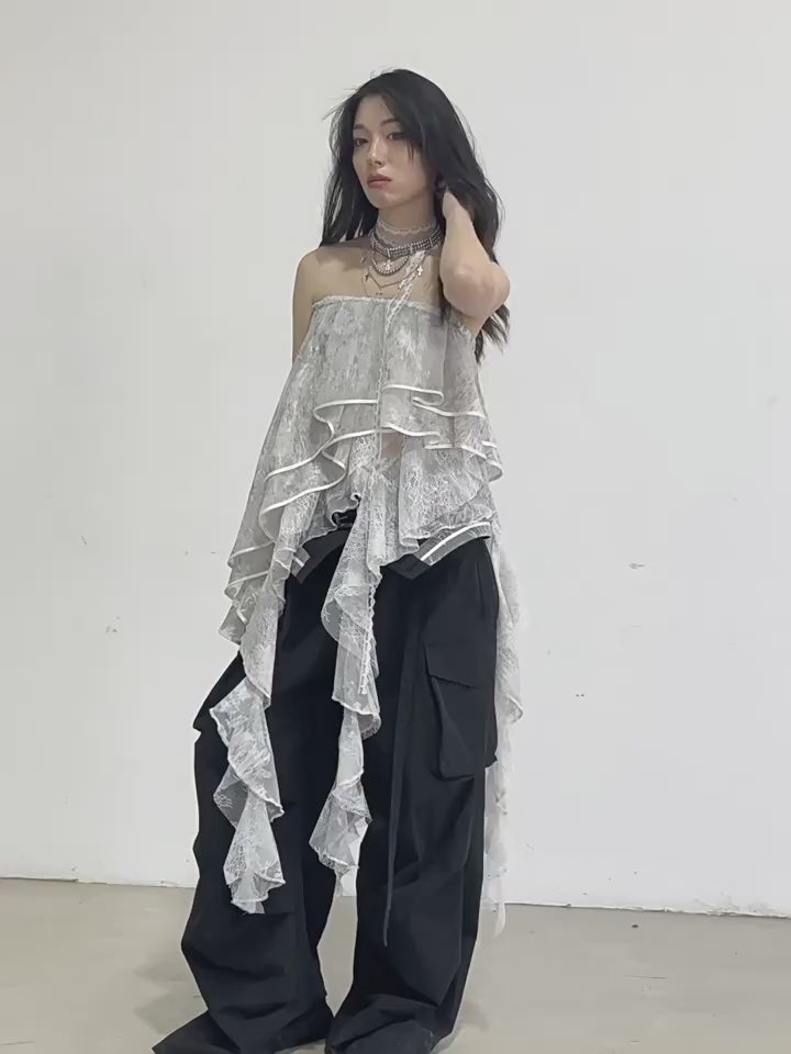 Lace Irregular Ruffle Edge Tube Top Skirt