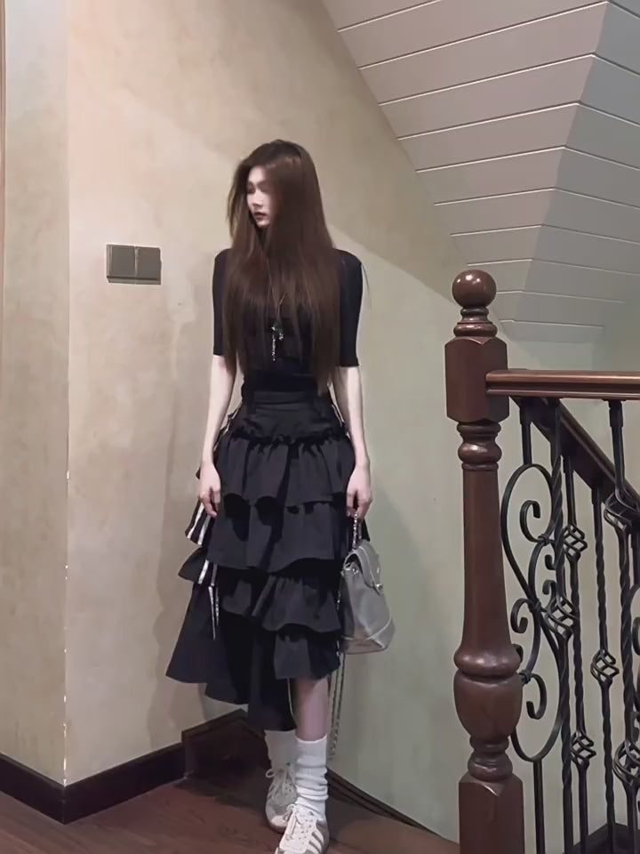 Asymmetric Tiered Ribbon Midi Skirt