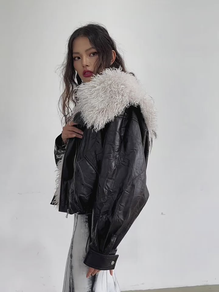 Faux Leather Jacket With Detachable Oversized Fur Collar