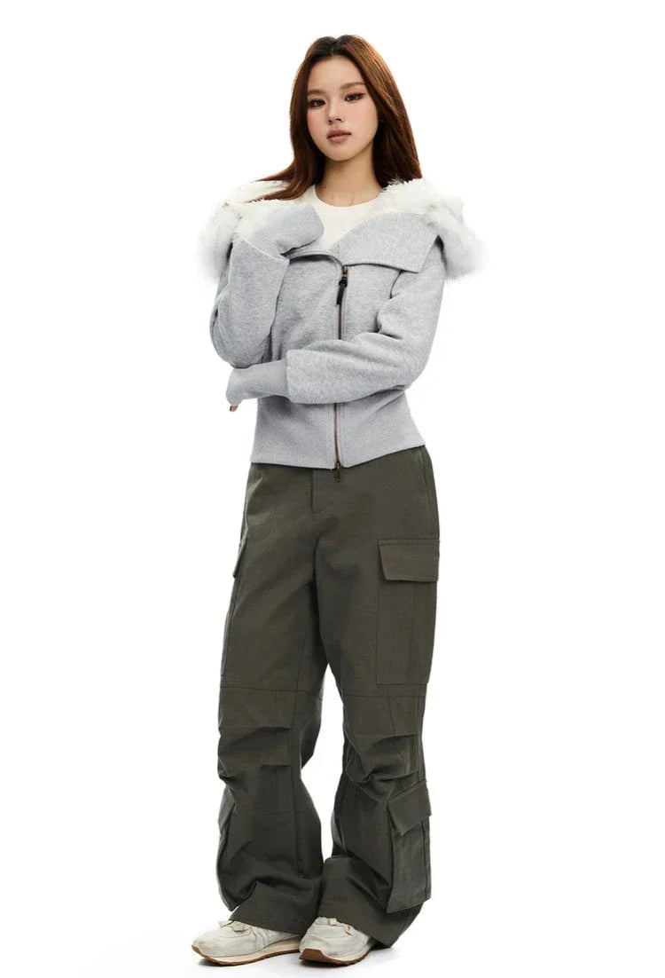 Zip-Up Hoodie with White Faux Fur Hood Trim