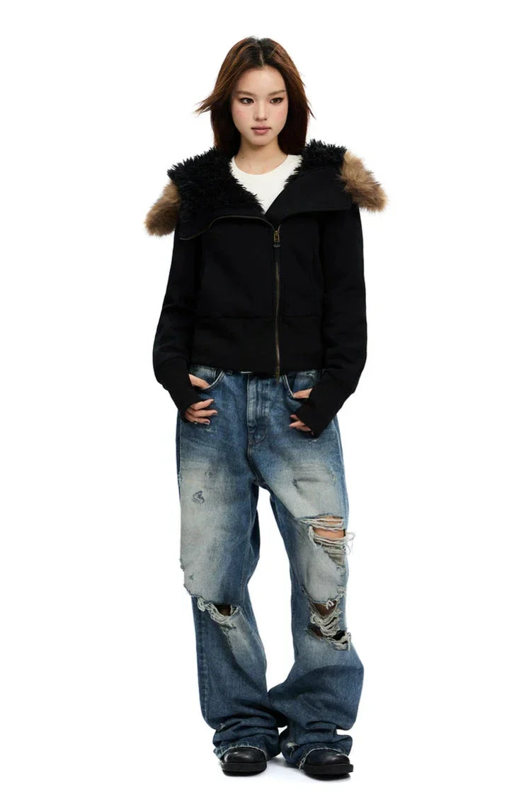 Zip-Up Hoodie with White Faux Fur Hood Trim