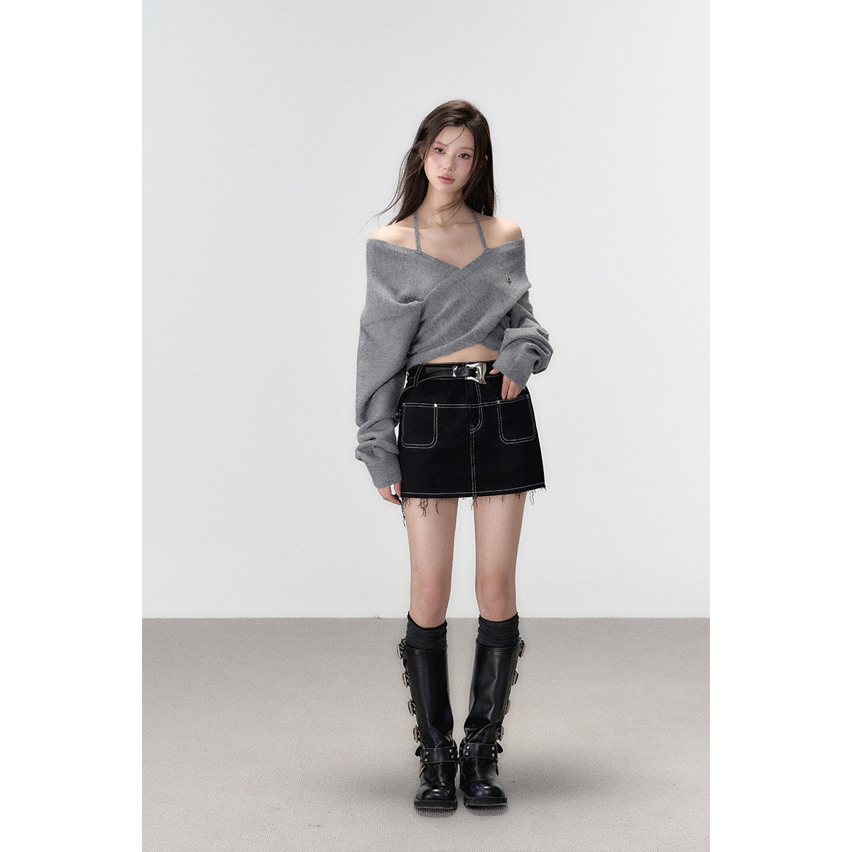 Grey Crossed Knit Halter Top