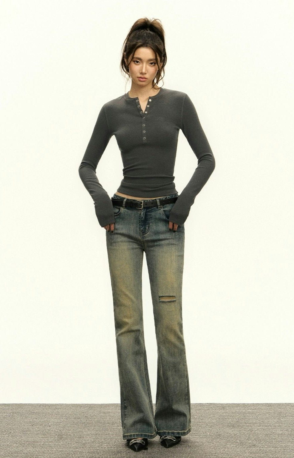 Ribbed Henley Crew Neck Crop Top