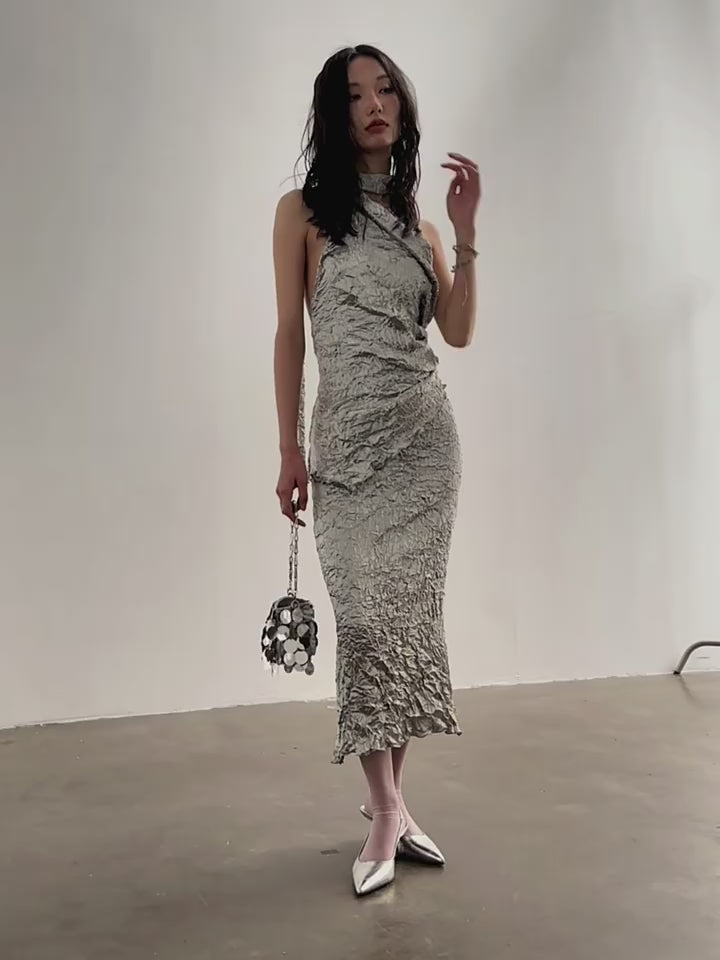 Metallic Crinkle One-Shoulder Maxi Dress - Women'S Silver Textured Evening Gown With Asymmetric Strap