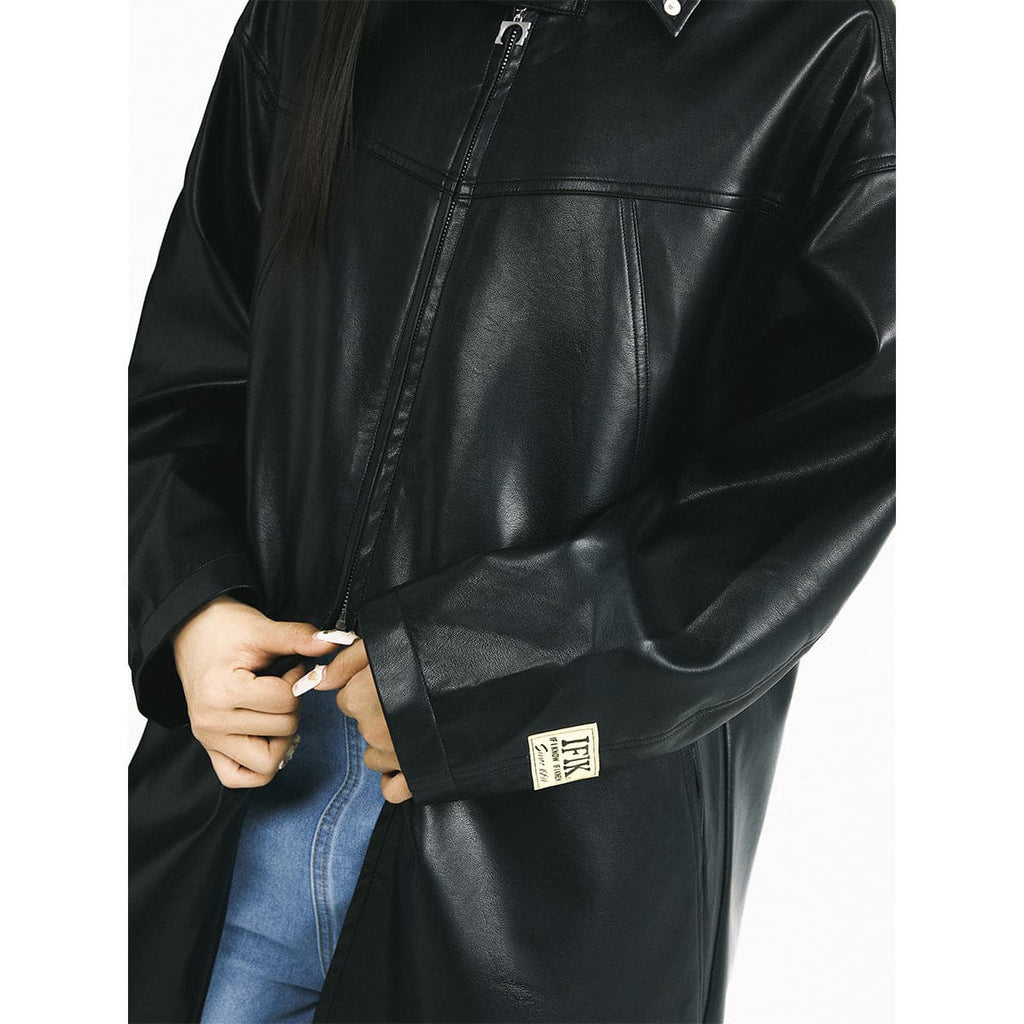 Oversized Black Hooded Leather-Look Coat