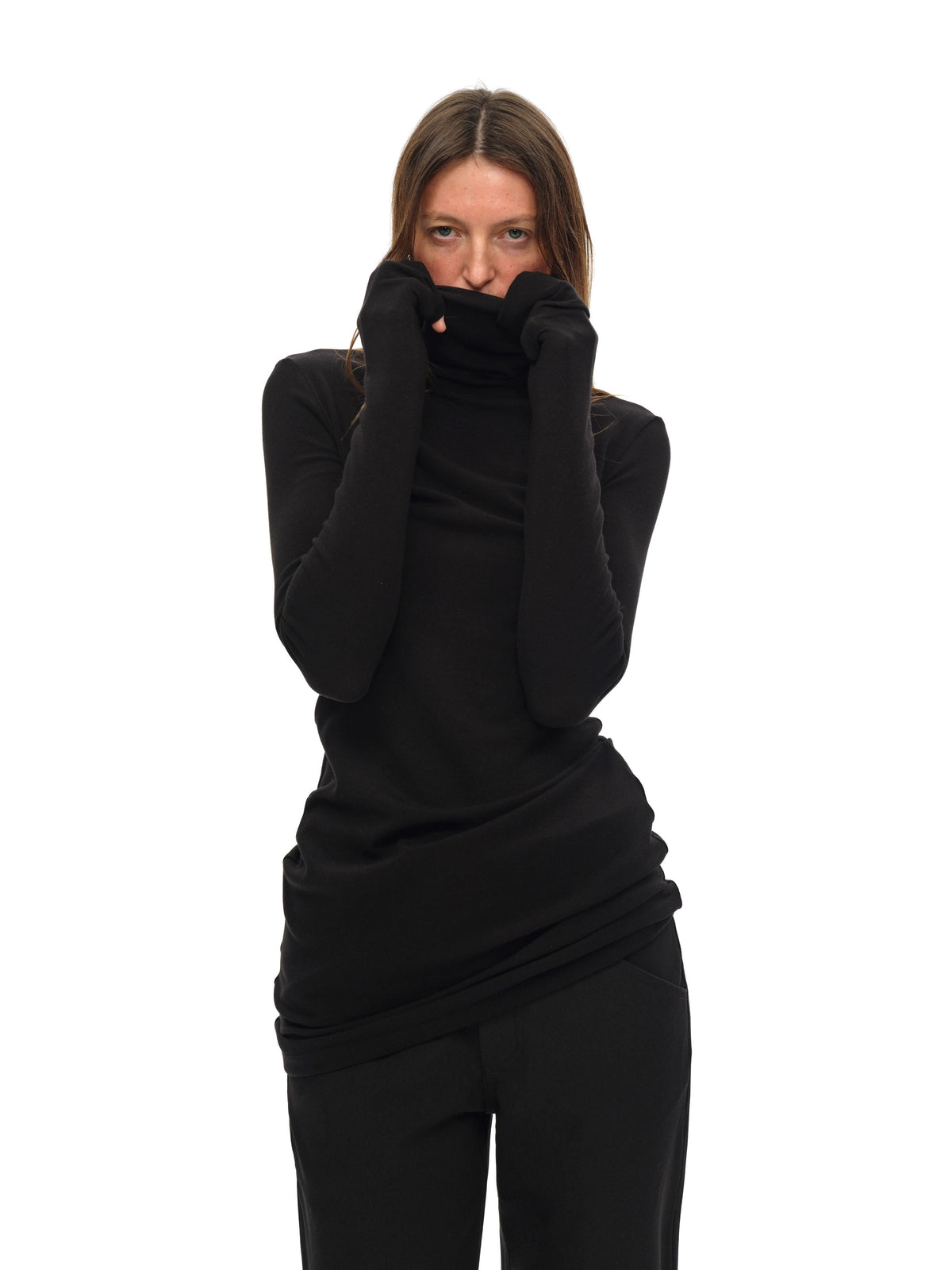 Black Turtleneck Draped Knit Top