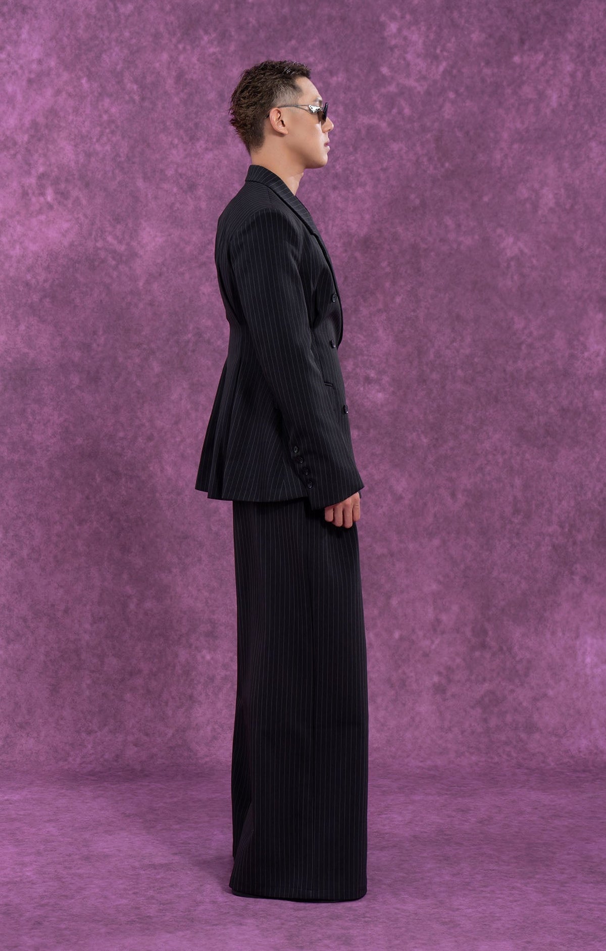 Black Pinstripe Cinched Waist Double-Breasted Blazer