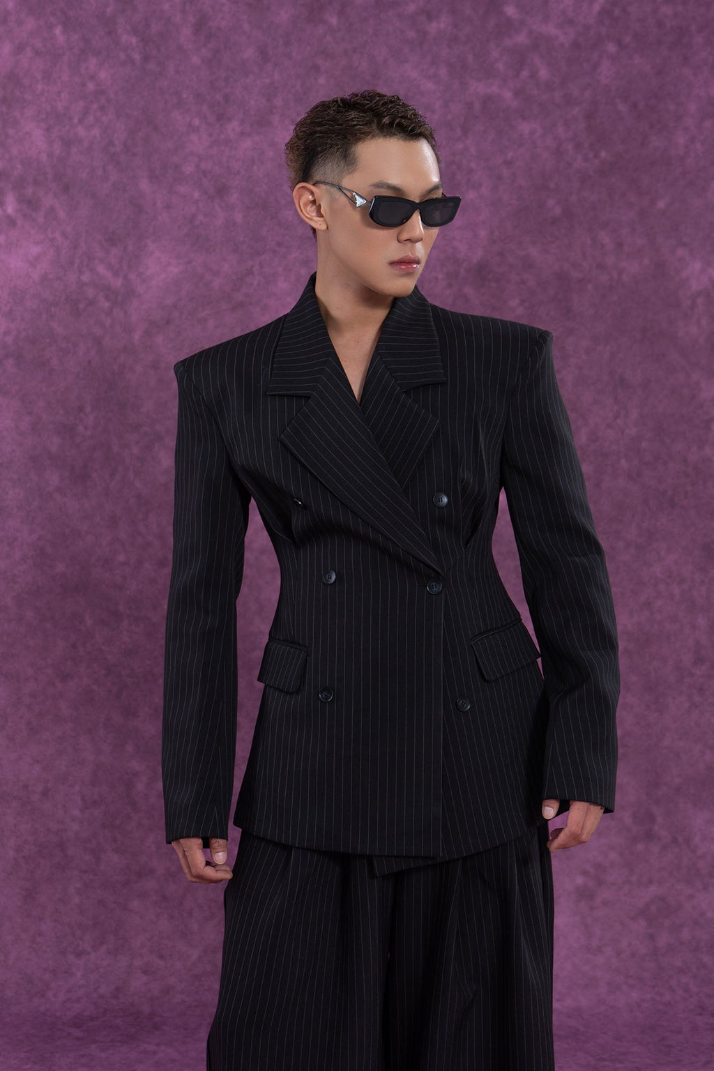 Black Pinstripe Cinched Waist Double-Breasted Blazer