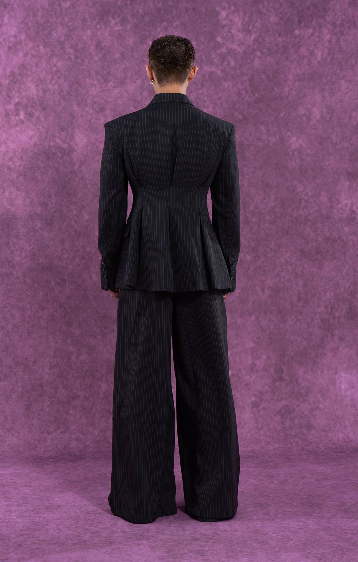 Black Pinstripe Cinched Waist Double-Breasted Blazer