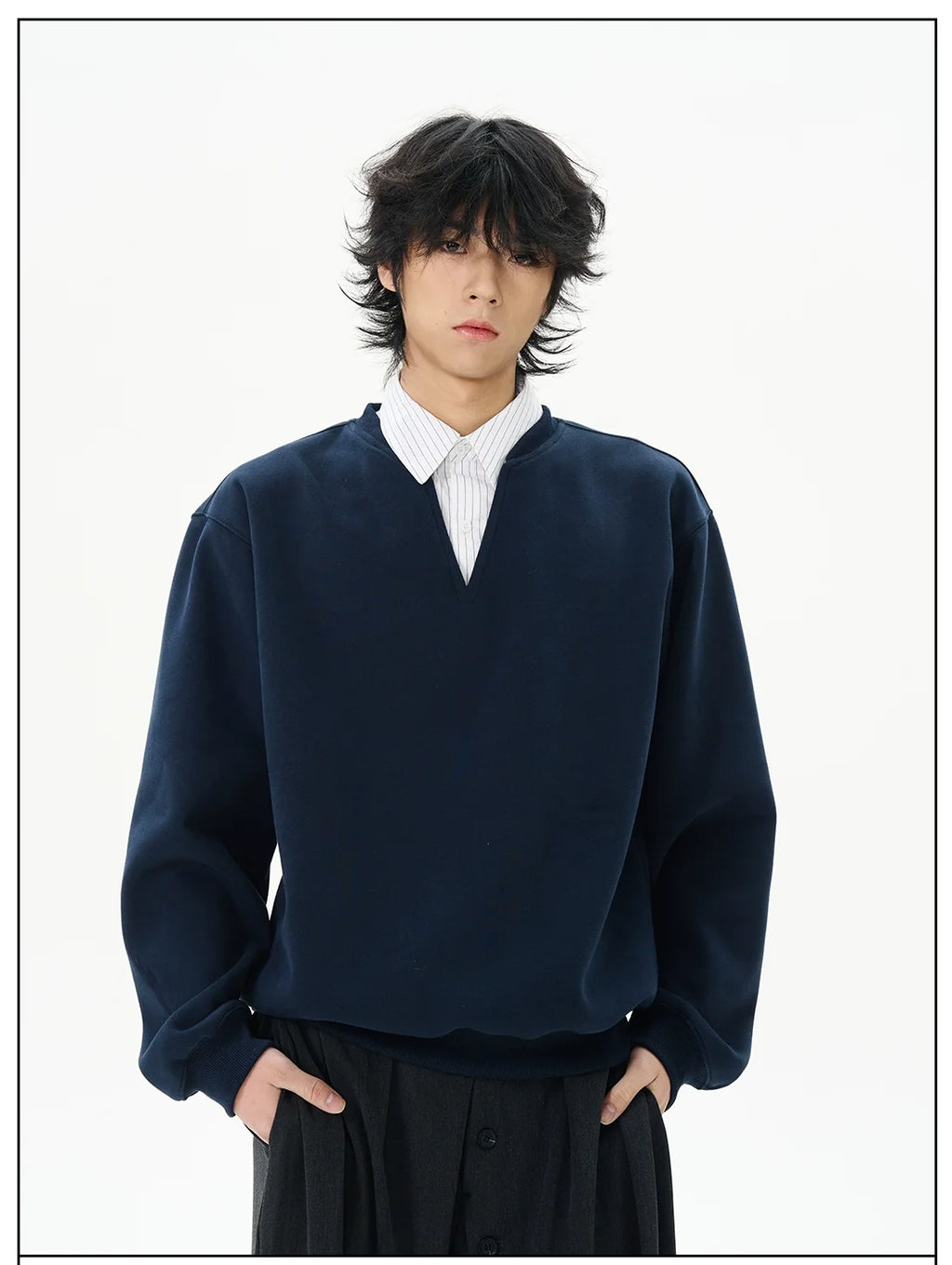 Navy Notch-Neck Sweatshirt