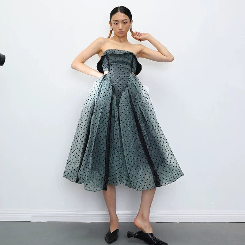 Sage Polka Dot Strapless Midi Dress
