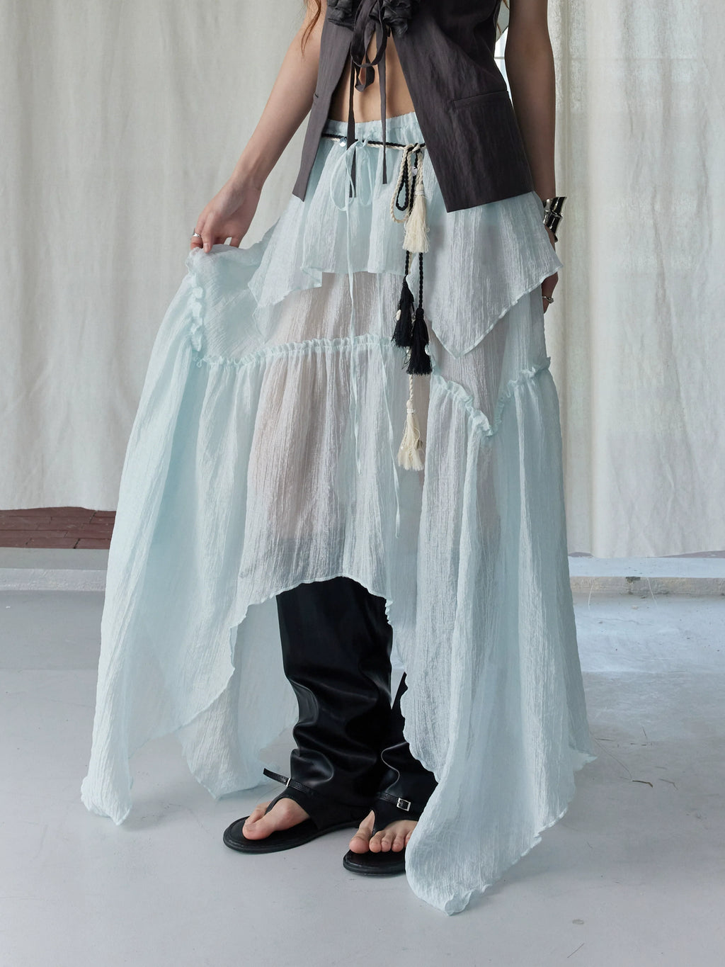 Dark Ruffle Vest & Green Layered Skirt