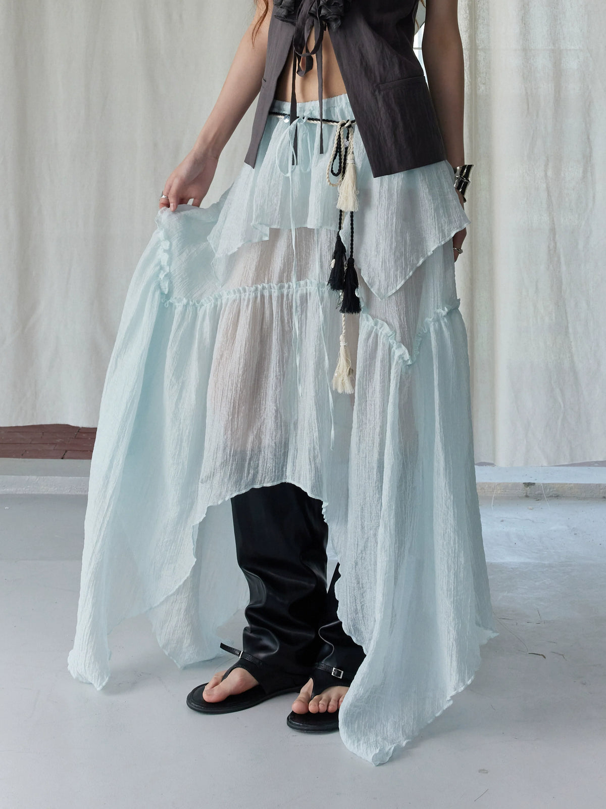 Dark Ruffle Vest & Green Layered Skirt