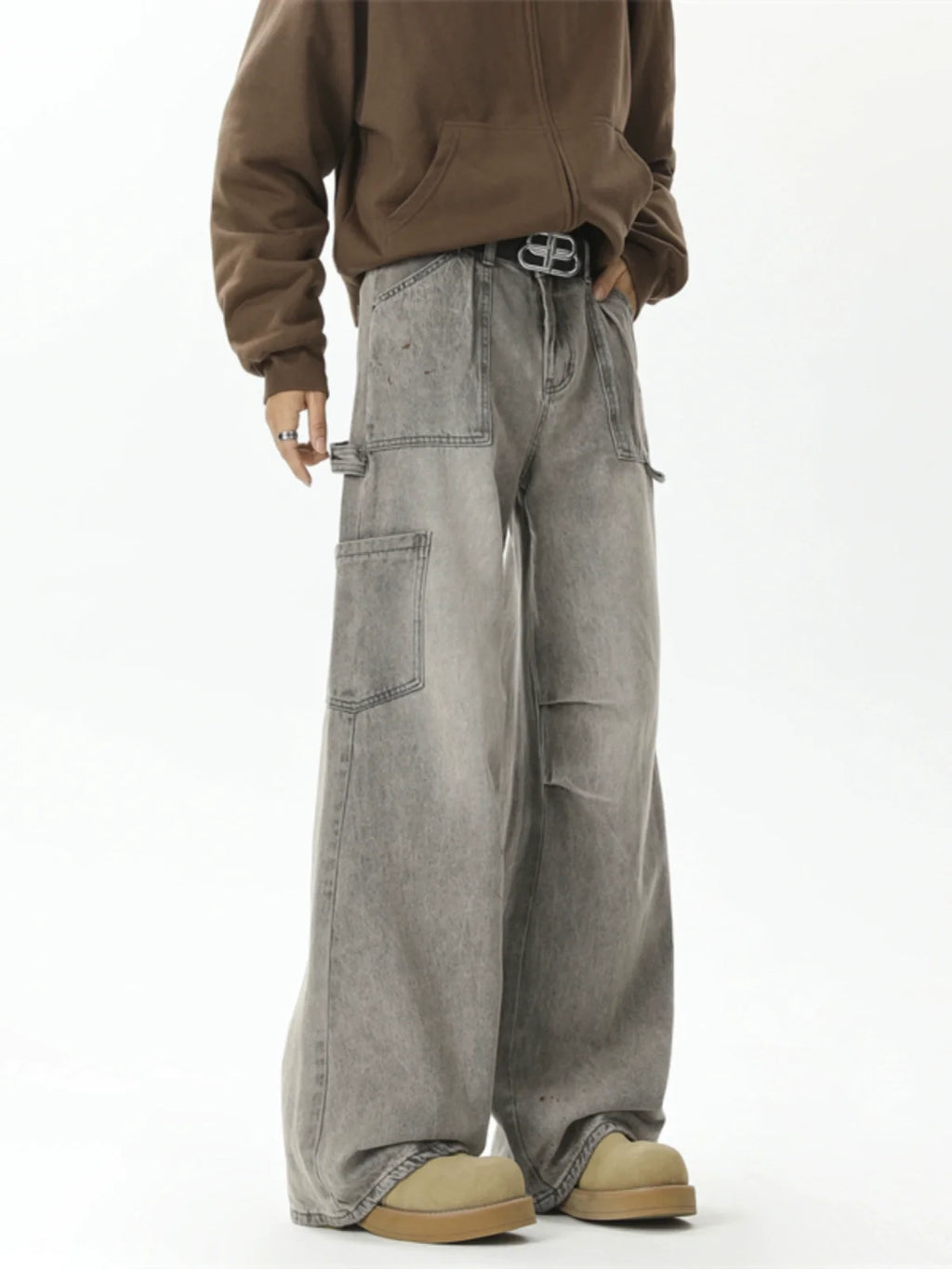 Wide Leg Washed Denim Cargo Pants