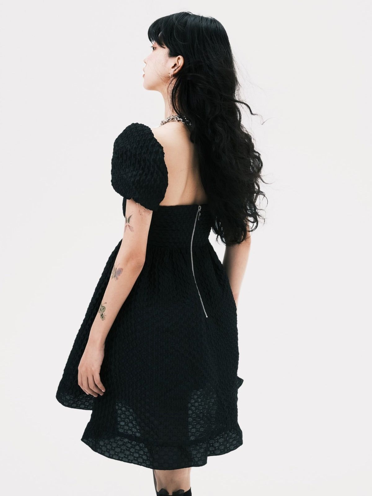 Elegant Square Neck Puff Sleeve Jacquard Dress