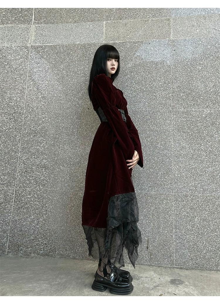 Burgundy Velvet Gothic Maxi Dress
