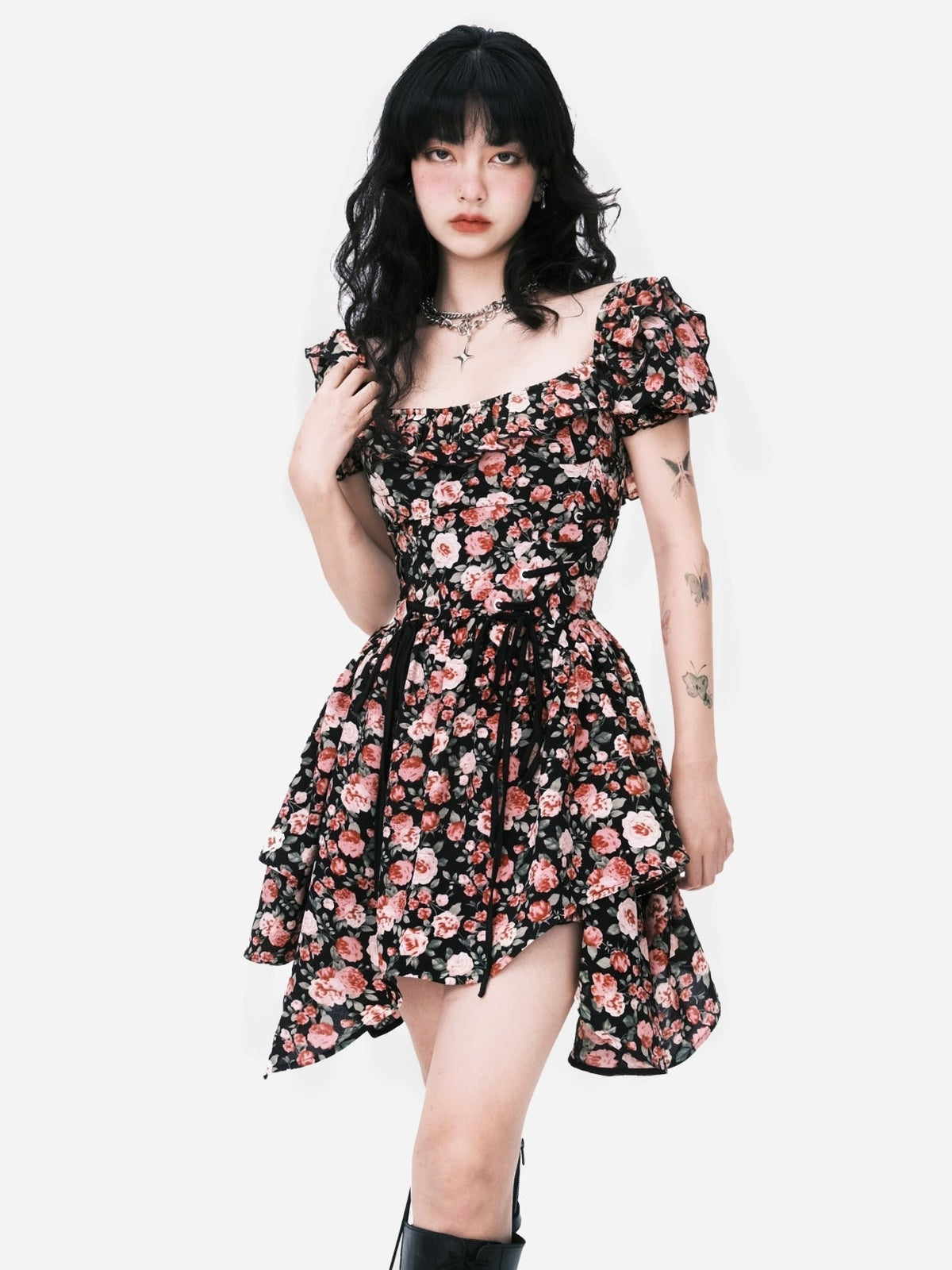 Blossom Noir Puff-Sleeve Dress