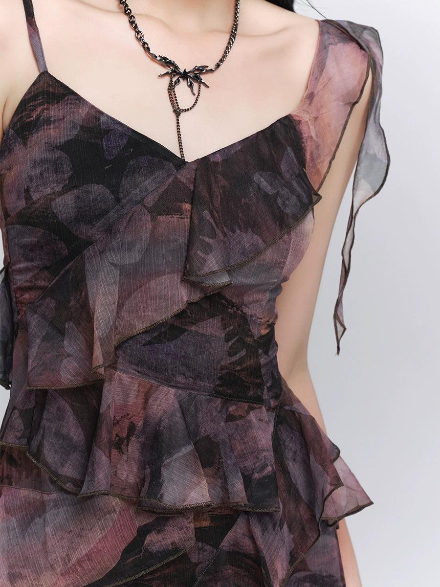 Dark Glamour Asymmetrical Maxi Dress - Women'S Sheer Floral Print Ruffle Dress With High Slit