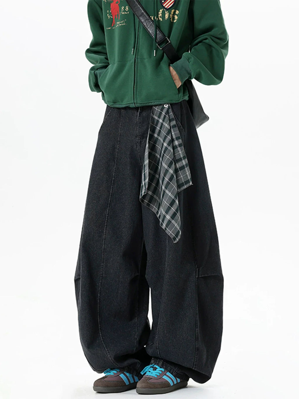 Plaid-Tie Barrel Denim Pants
