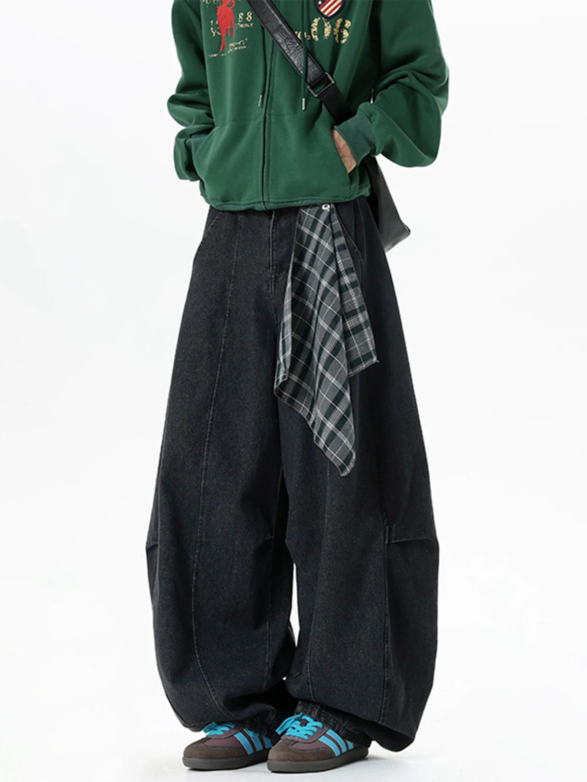 Plaid-Tie Barrel Denim Pants