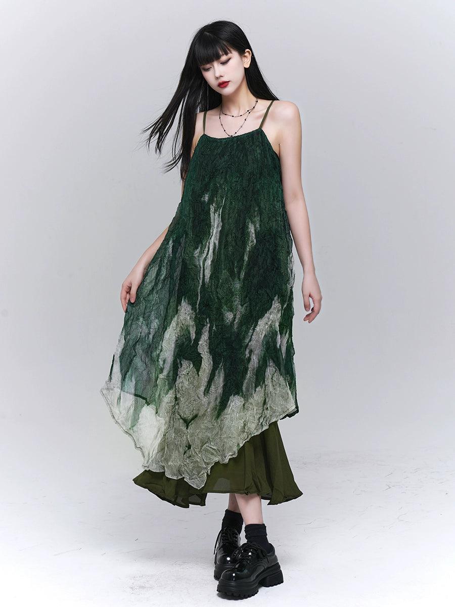 Forest Sprite Layered Maxi Dress - Women'S Green Ombre Tie-Dye Slip Dress With Asymmetrical Hem