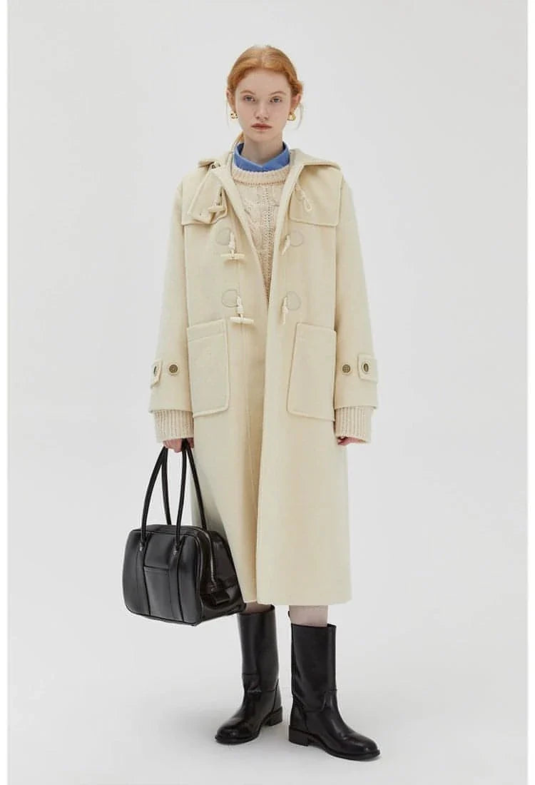 Winter Thicken College Style Hooded Mid-Length Melton Wool Coat
