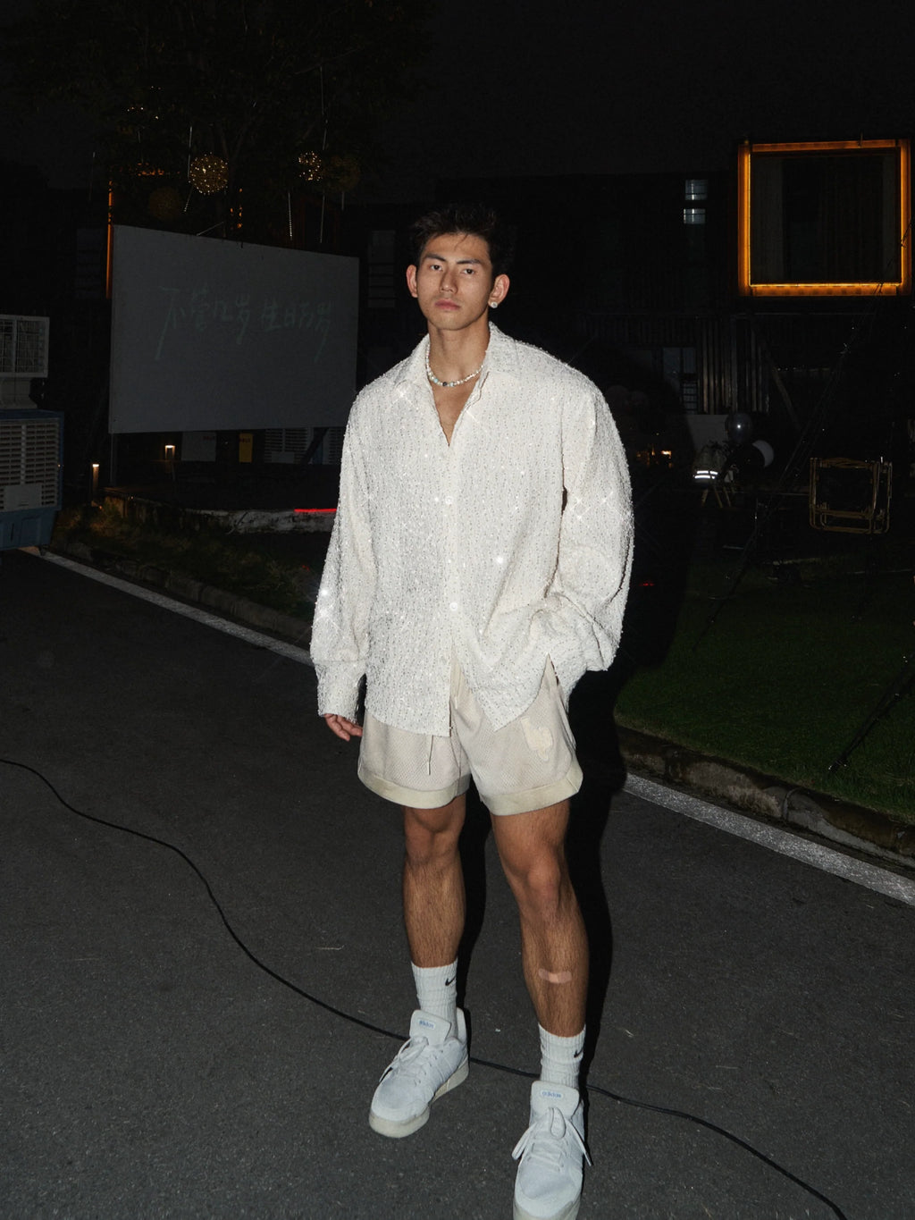 Oversized White Textured Button-Up Shirt
