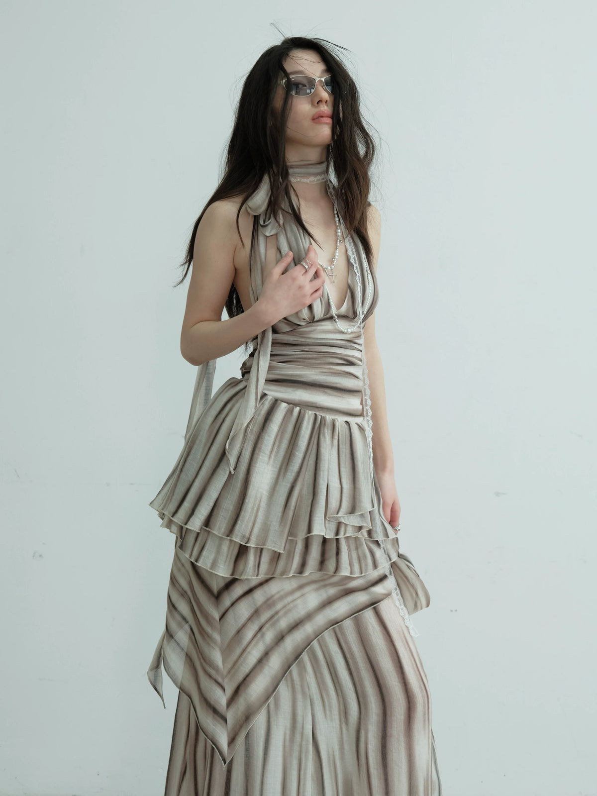 Ruched Halter Striped Two-Piece Dress Set
