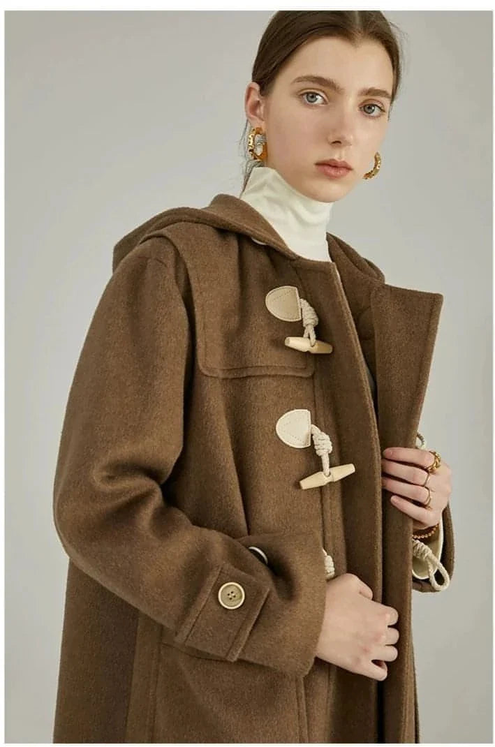 Winter Thicken College Style Hooded Mid-Length Melton Wool Coat