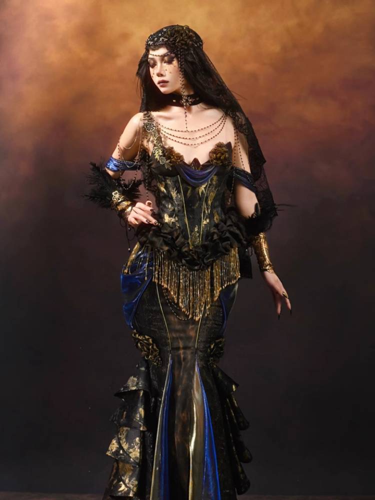 Blue Velvet Victorian Bustle Maxi Skirt