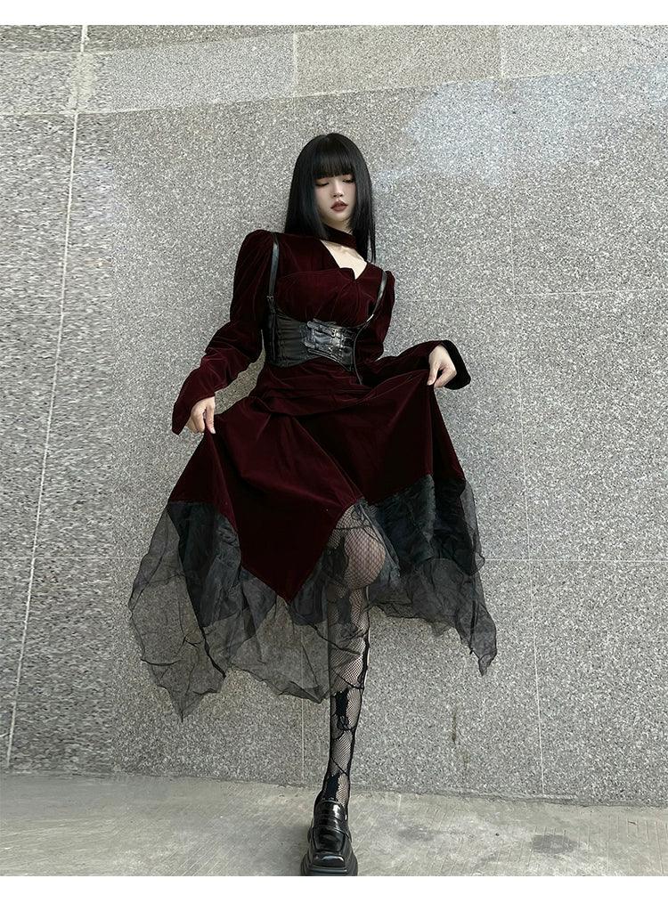 Burgundy Velvet Gothic Maxi Dress