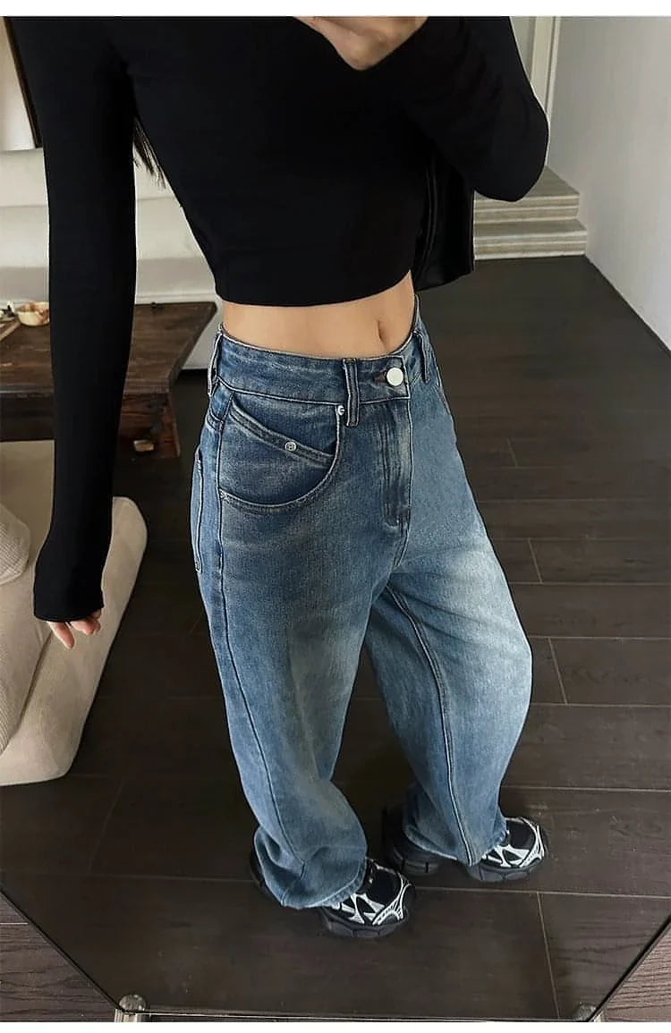 High-Waist Loose Wide-Leg Denim Jeans