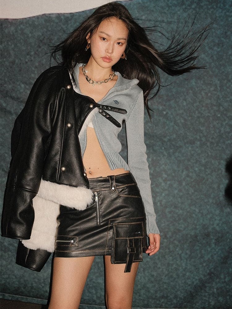 Oversized Faux Leather Jacket with Faux Fur Collar - Sustainable Vegan Outerwear