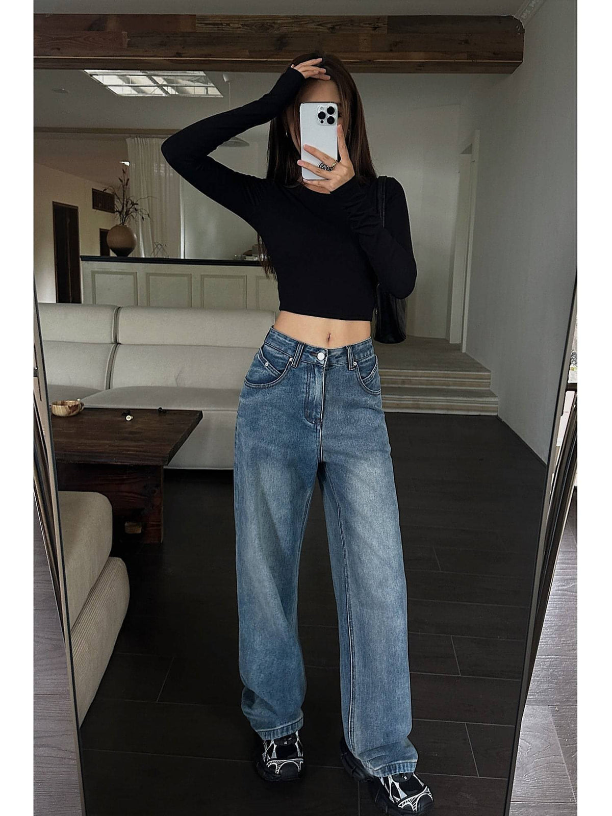High-Waist Loose Wide-Leg Denim Jeans