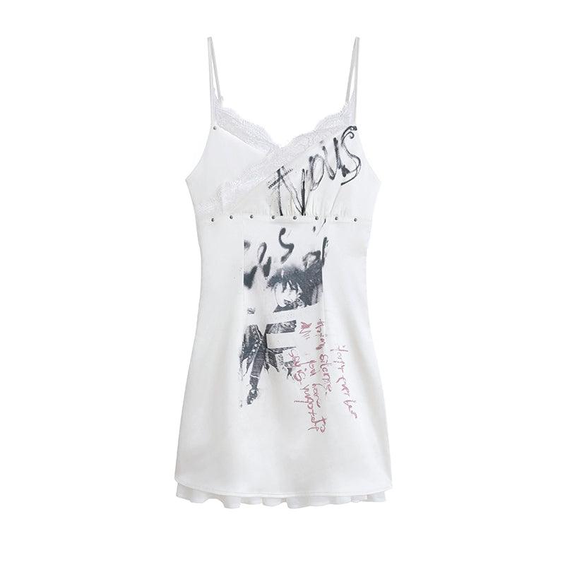 White Distressed Graphic Tank Dress - Women'S Sleeveless Mini Bodycon With Grunge Print