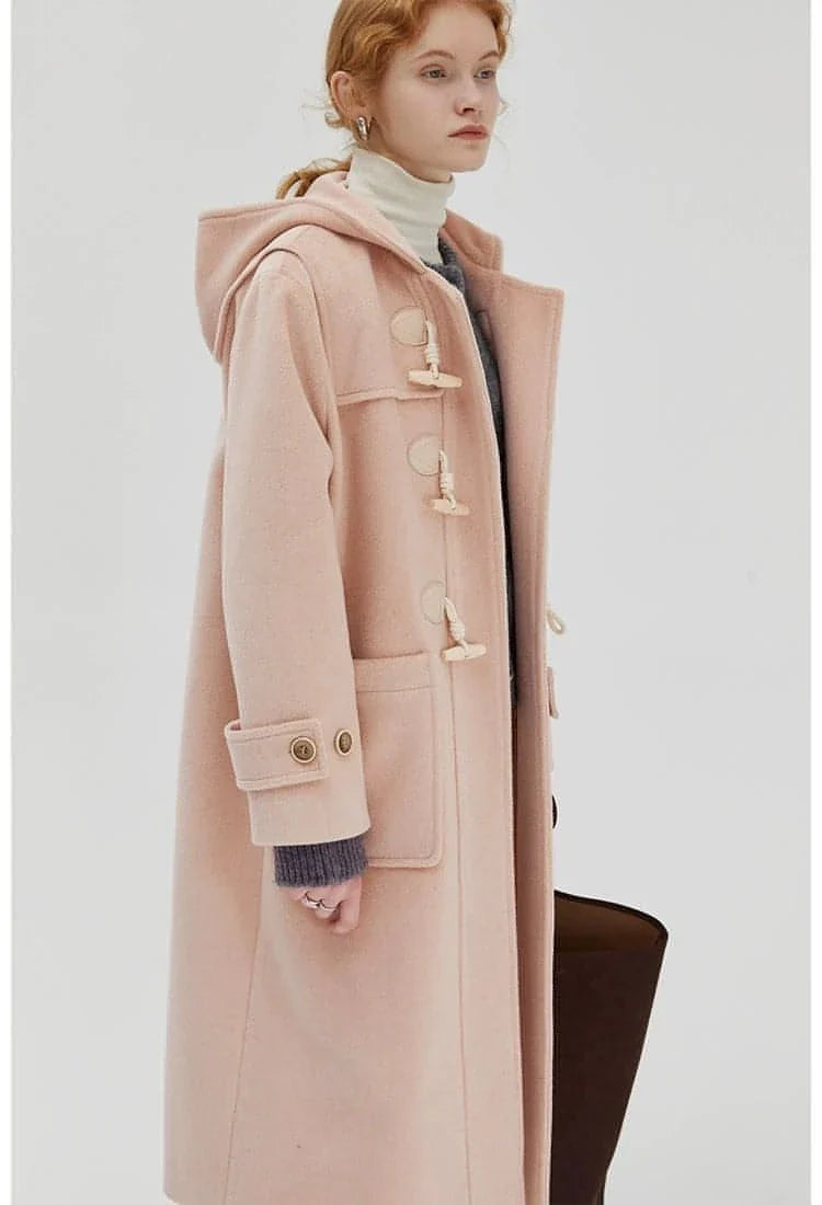 Winter Thicken College Style Hooded Mid-Length Melton Wool Coat