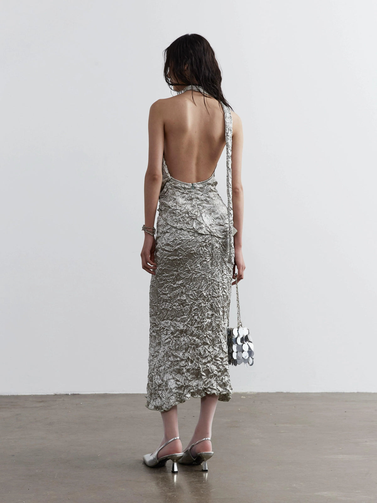 Metallic Crinkle One-Shoulder Maxi Dress - Women'S Silver Textured Evening Gown With Asymmetric Strap