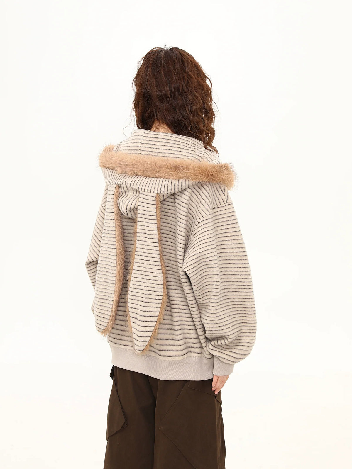 Fluffy Bunny-Ear Striped Hoodie