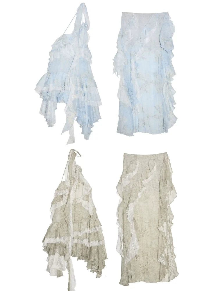 Ruffle Edge Neck Vest Dress Set