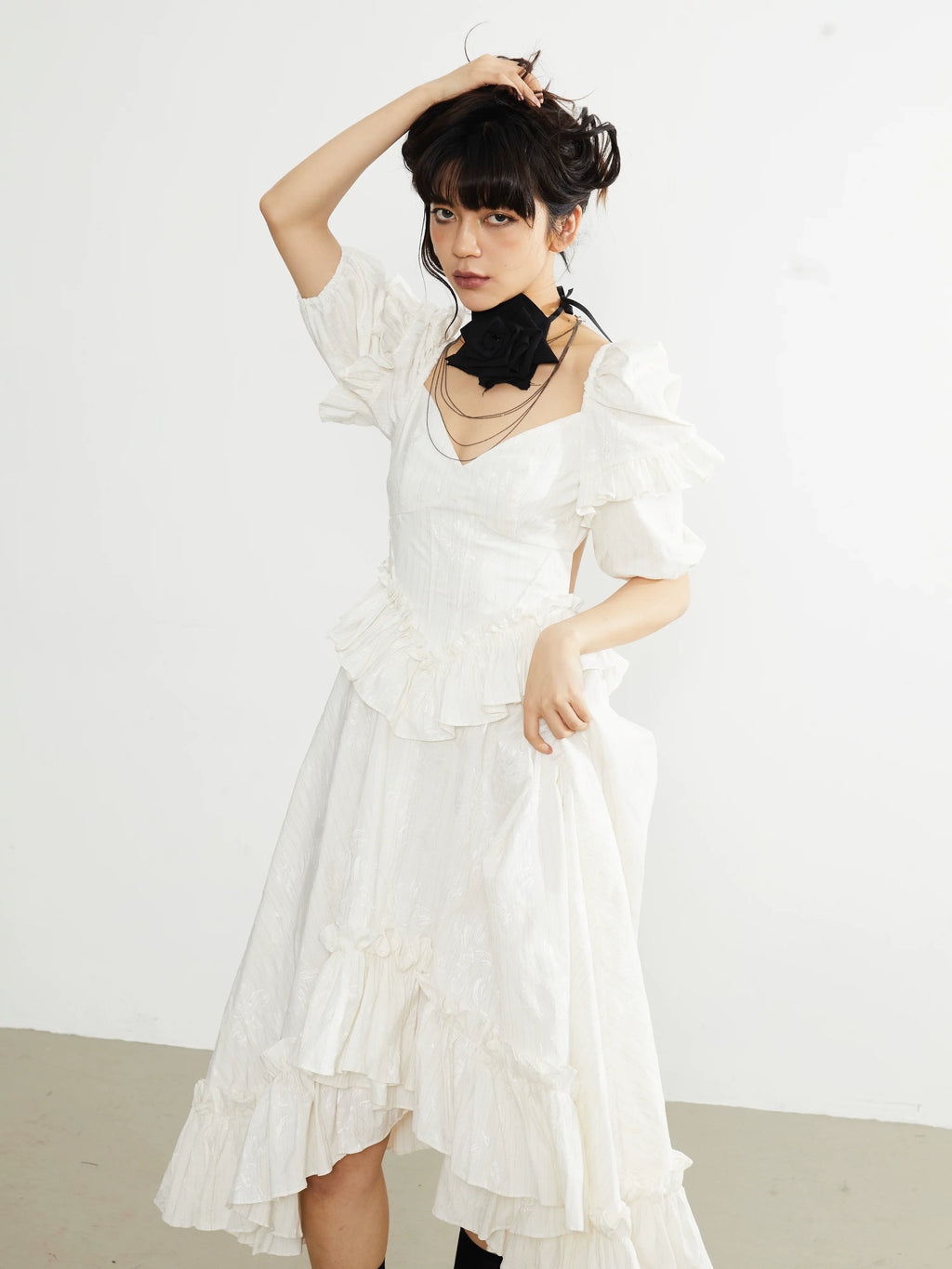 Ivory Ruffle Asymmetry Midi Dress