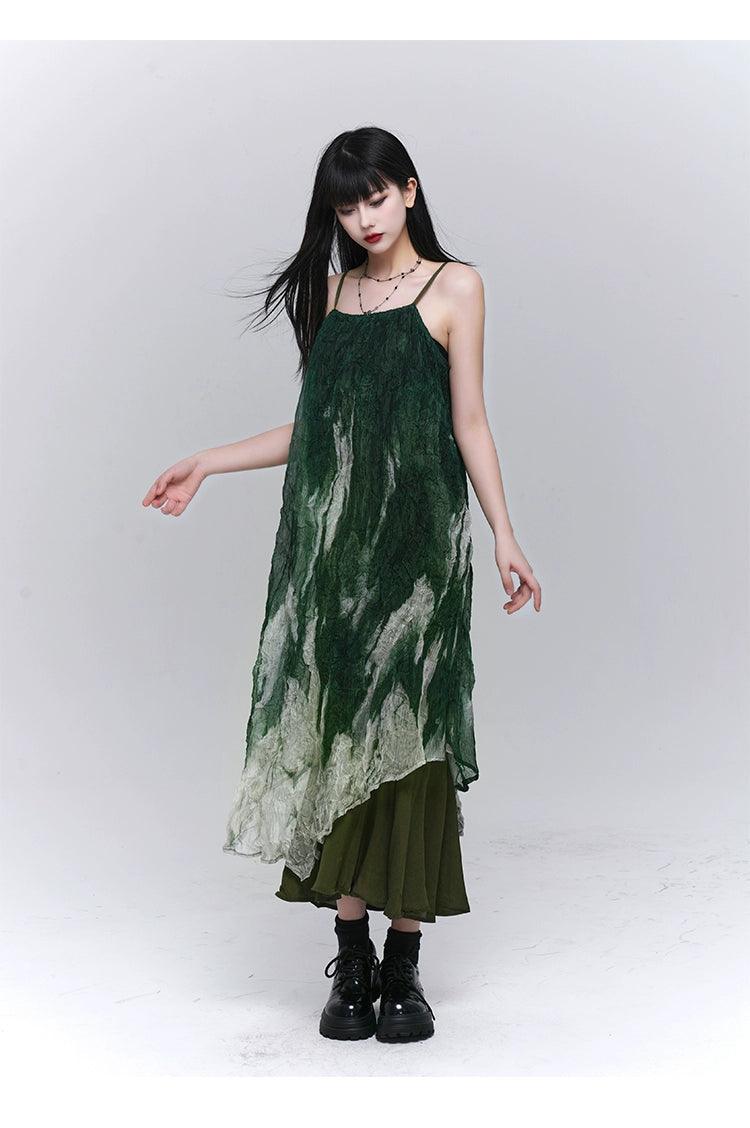 Forest Sprite Layered Maxi Dress - Women'S Green Ombre Tie-Dye Slip Dress With Asymmetrical Hem