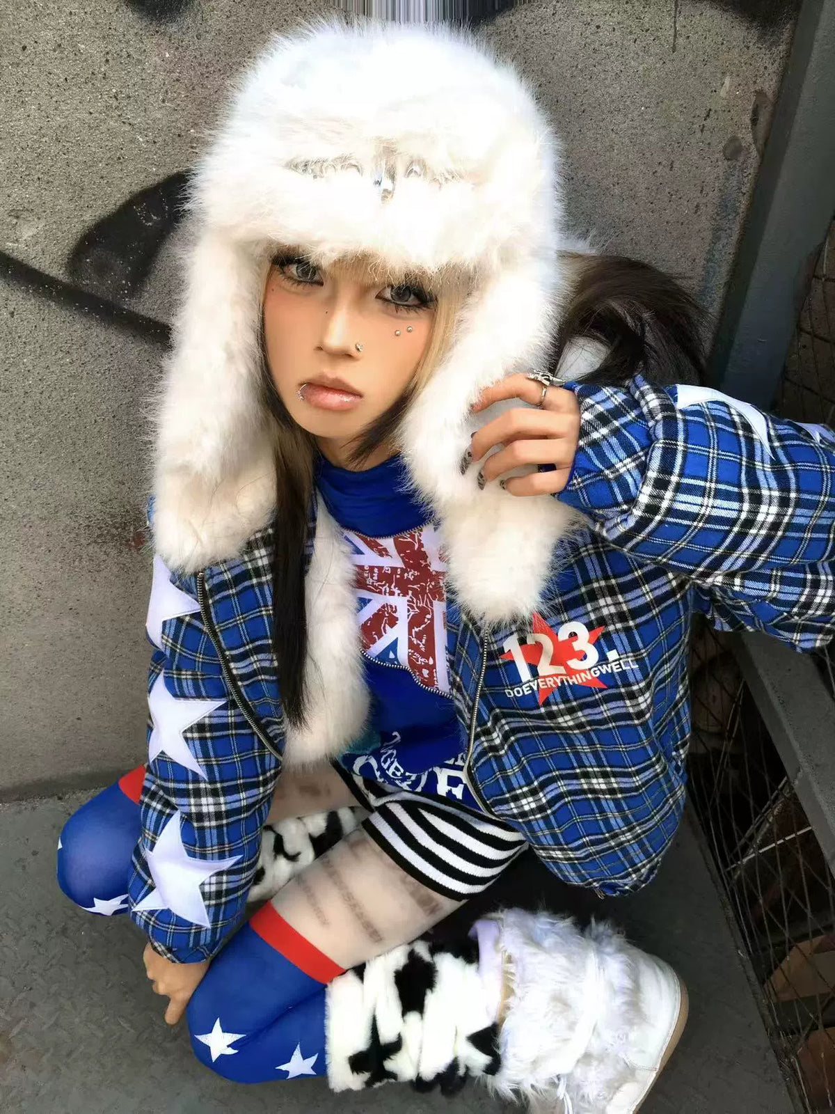Celestial 08 Blue Plaid Star Puffer Jacket