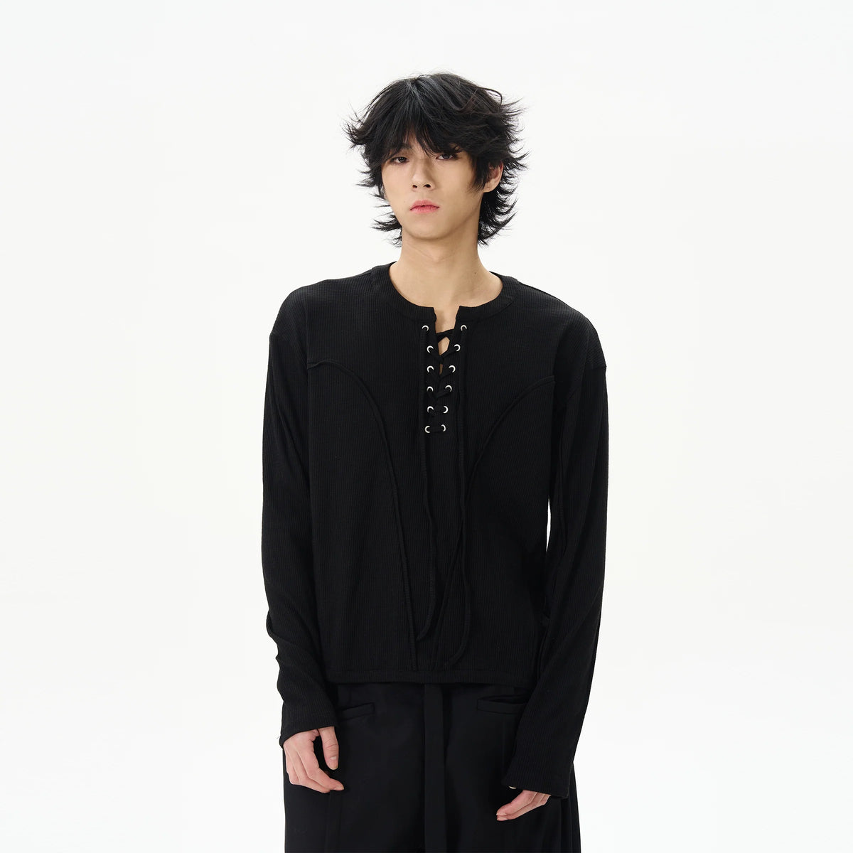 White Linen Lace-Up Henley Shirt