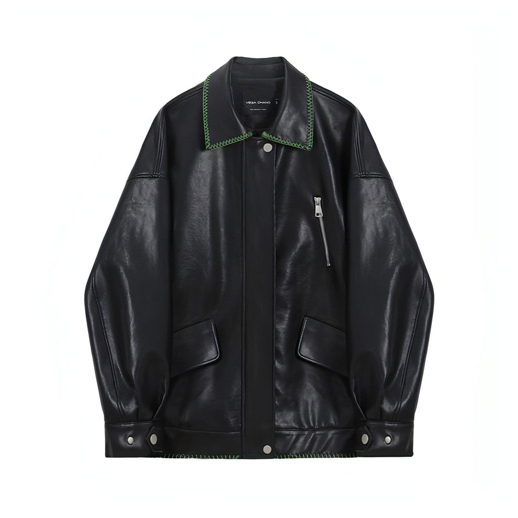 Black Leather Jacket , Loose Slimming Biker Style Pu Jacket