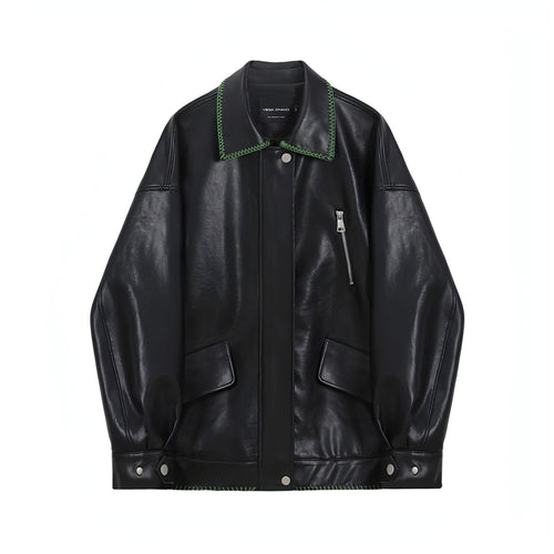 Black Leather Jacket , Loose Slimming Biker Style Pu Jacket