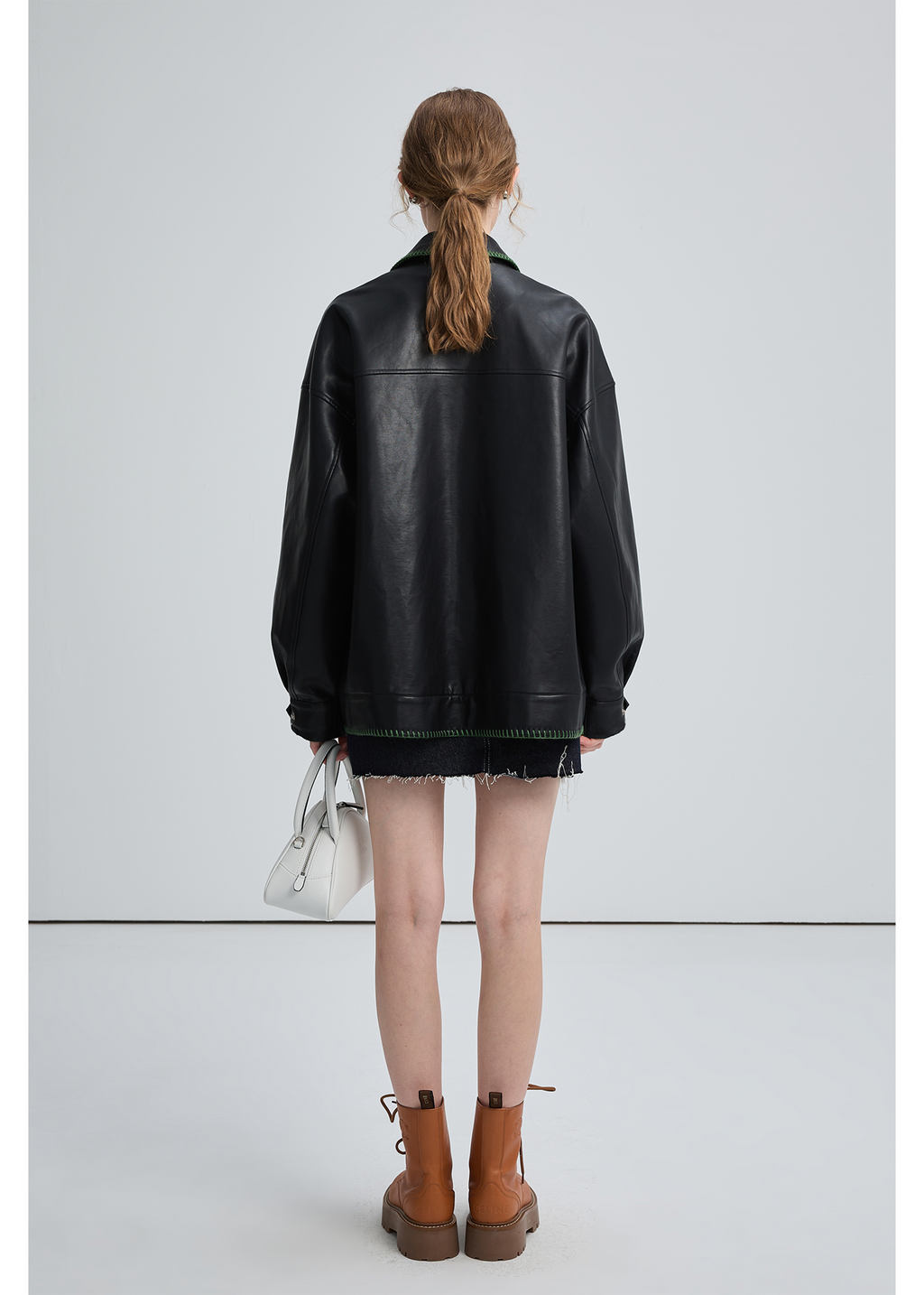 Black Leather Jacket , Loose Slimming Biker Style Pu Jacket