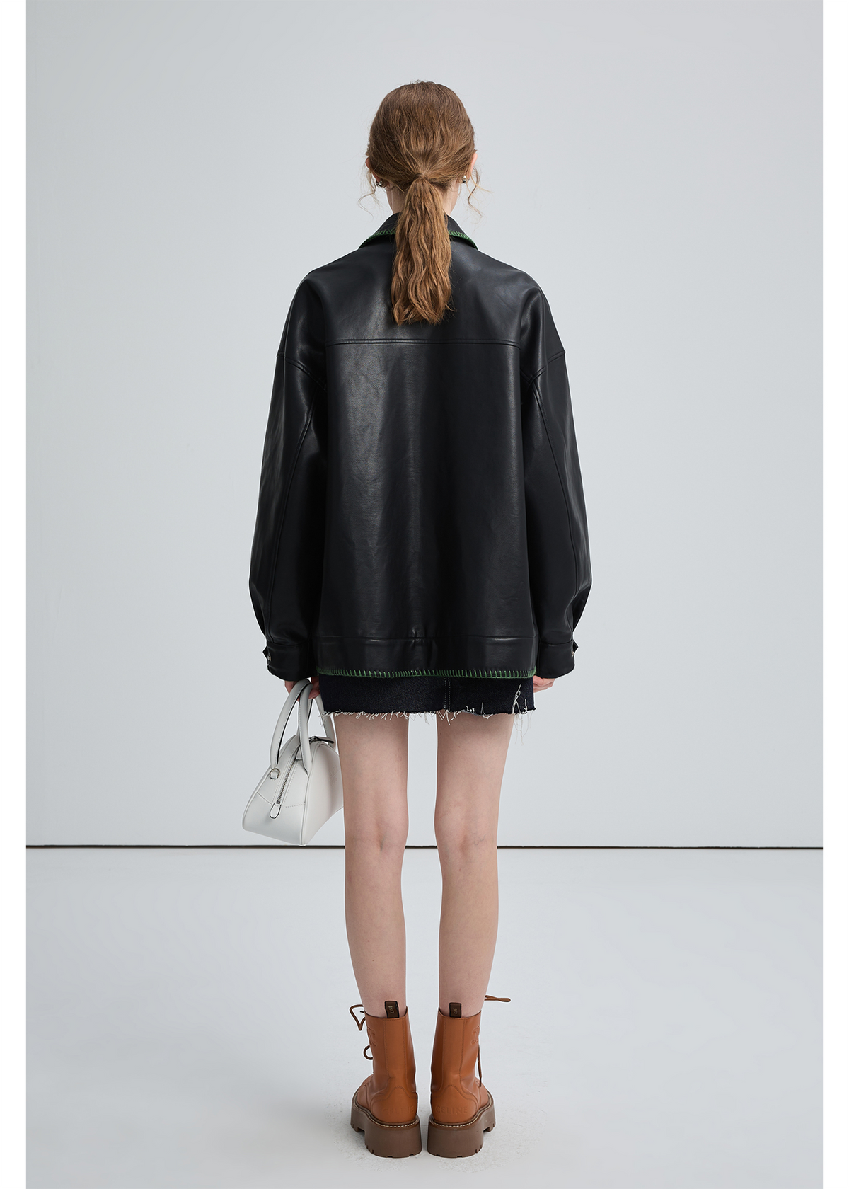 Black Leather Jacket , Loose Slimming Biker Style Pu Jacket
