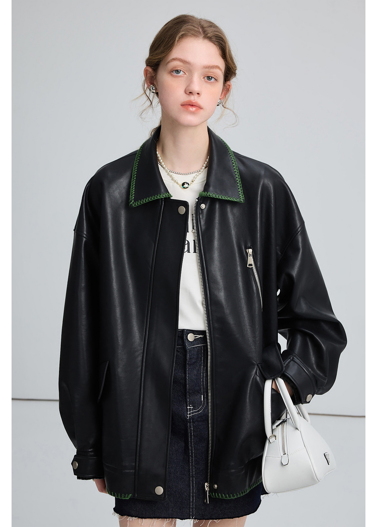 Black Leather Jacket , Loose Slimming Biker Style Pu Jacket