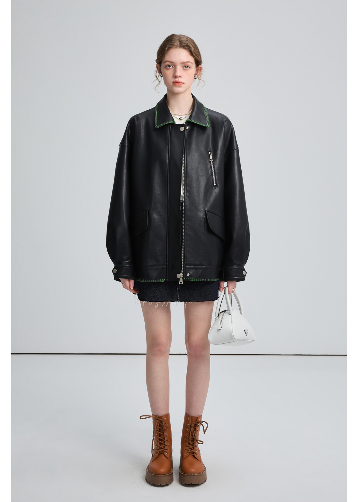 Black Leather Jacket , Loose Slimming Biker Style Pu Jacket