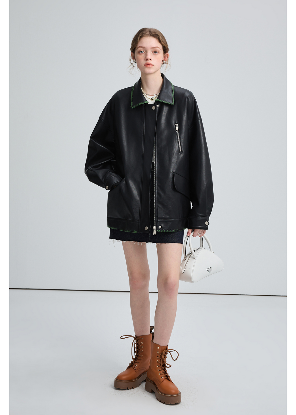 Black Leather Jacket , Loose Slimming Biker Style Pu Jacket